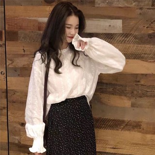SMD2760💜เกาหลีสไตล์เลดี้😘เสื้อผ้าแฟชั่นผู้หญิง เสื้อเชิ้ตลูกไม้ชีฟองคอกลมแขนทรัมเป็ต OLทํางานสวมใส่ทุกวัน ใส่สบาย