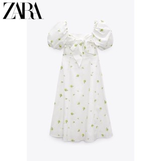 Ur ZARA ชุดเดรสผ้าไหม คอสี่เหลี่ยม ปักลาย ประดับโบว์ สไตล์ฝรั่งเศส8338801 2436320