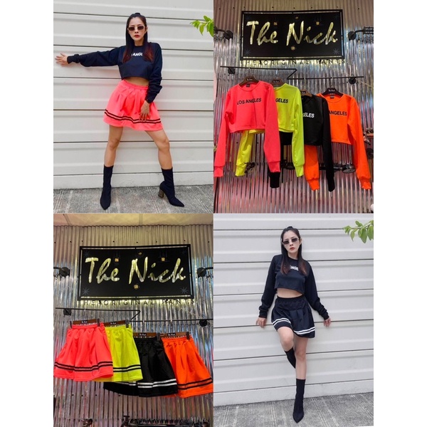 ชุดเซ็ตสีนีออนเสื้อครอปและกระโปรงจีบรอบแต่งแถบ ขาว ดำ ไม่เรืองแสง เขียว ส้ม ชม เรืองในไฟแบล็คไลท์