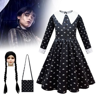 ชุดเดรสคอสเพลย์ อนิเมะ Wednesday Addams Cosplay Dress สีดํา สไตล์วินเทจ สําหรับผู้หญิง