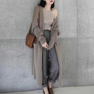 ✠【พร้อมที่จะส่ง】▣☃⊙ เสื้อสเวตเตอร์ไหมพรม คาร์ดิแกนถักตัวยาวผู้หญิง 2022 ใหม่กลางความยาวหนาเกาหลีหลวมเสื้อสเวตเตอร์คลุมเข
