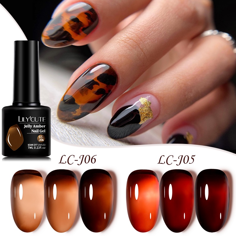 LILYCUTE 7ML Jelly Amber เล็บเจลสีน้ําตาลสีชมพูโปร่งแสงสีเล็บเจลกึ่งถาวร UV เจลโปแลนด์