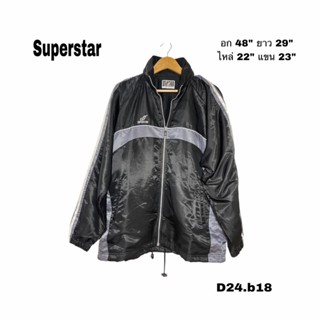 Superstar jacket XL เสื้อแจ็คเก็ตสีดำคาดเงินขนาดใหญ่กันแดดดี  มีฮู๊ดซ่อนใต้ปก อก 48 ยาว 29 D24.b18