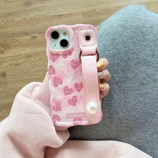 เคสโทรศัพท์มือถือ tpu นิ่ม ลายหัวใจ สีชมพู พร้อมสายคล้องมือ สําหรับ iPhone 13promax 13pro 13 14 14promax 14pro 11 11PROMAX 12 12PRO 12PROMAX