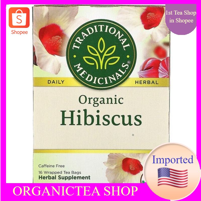 ชา Traditional Medicinals, Organic Hibiscus, Caffeine Free, 16 Wrapped Tea Bags​