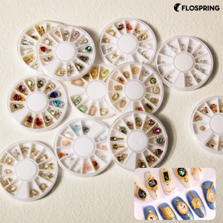 Flospring อุปกรณ์ตกแต่งเล็บ พลอยเทียม อัลลอย รูปพื้นผิวประกาย 3D หรูหรา สําหรับตกแต่งเล็บ DIY 1 กล่อง