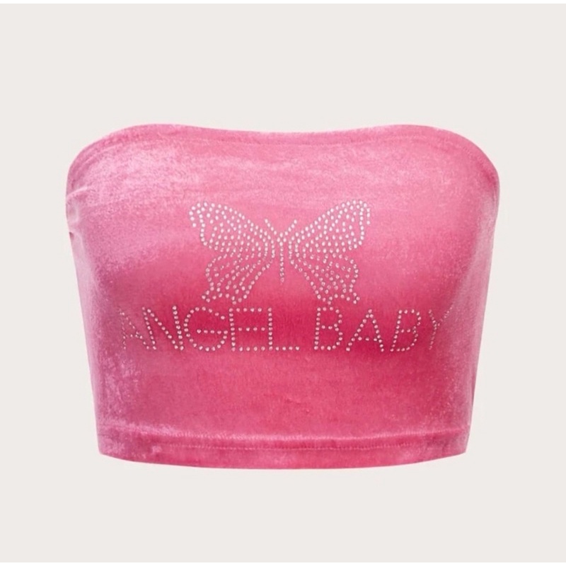 เสื้อเกาะอกกำมะหยี่ ติดเพชร Angel baby สายฝอ Y2k (สินค้าพรีออเดอร์)
