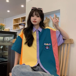 Rommers เสื้อเชิ้ตแขนสั้น ความยาวปานกลาง แบบบาง ทรงหลวม สีคอนทราสต์ สไตล์วินเทจ สําหรับผู้หญิง