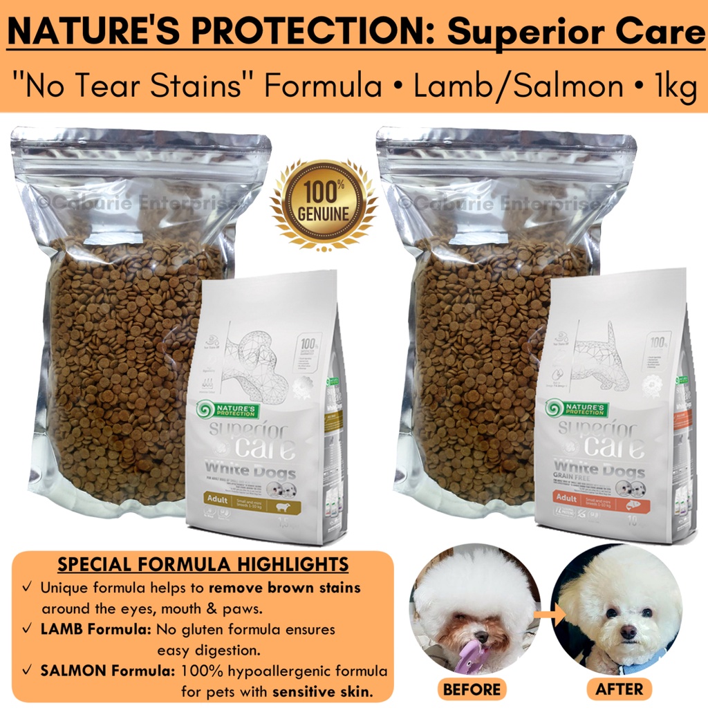 NATURES PROTECTION: Superior Care "ไม่มีคราบน้ําตา" สูตรสุนัขขาว (1กก. REPACKED) - SALMON/LAMB. อาหา