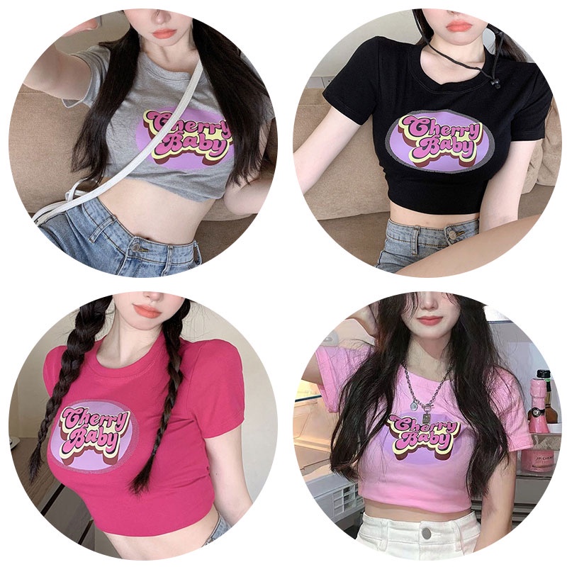 เสื้อยืดแขนสั้นสไตล์สาวฮอตสำหรับผู้หญิง