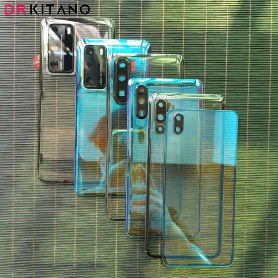 กระจกใสปกหลังสําหรับ Huawei P20 P30 P40 Pro P40 Lite 5G แบตเตอรี่แผงประตูด้านหลังพร้อมเลนส์กล้องเปลี่ยนด้วยสติกเกอร์กาว