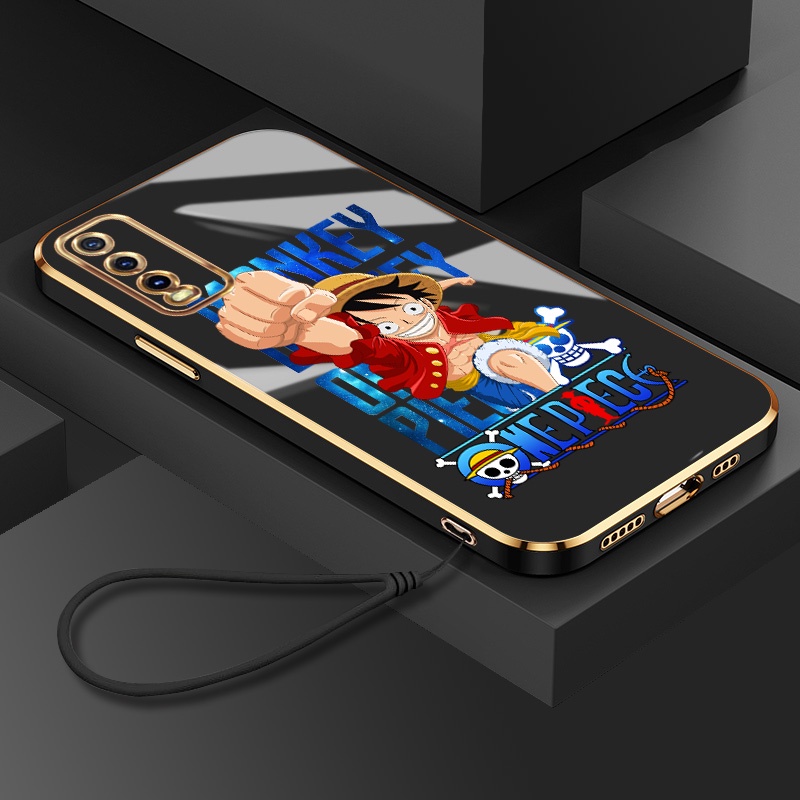 ปลอก Vivo V2042 V2026 V2038 V2032 V2033 V2043 V2029 V2027 V2028 แฟชั่น Cool ONE PIECE Luffy กรณีสแควร์ชุบซิลิโคนอ่อนนุ่มออกแบบใหม่เคสโทรศัพท์พร้อมเชือกเส้นเล็ก