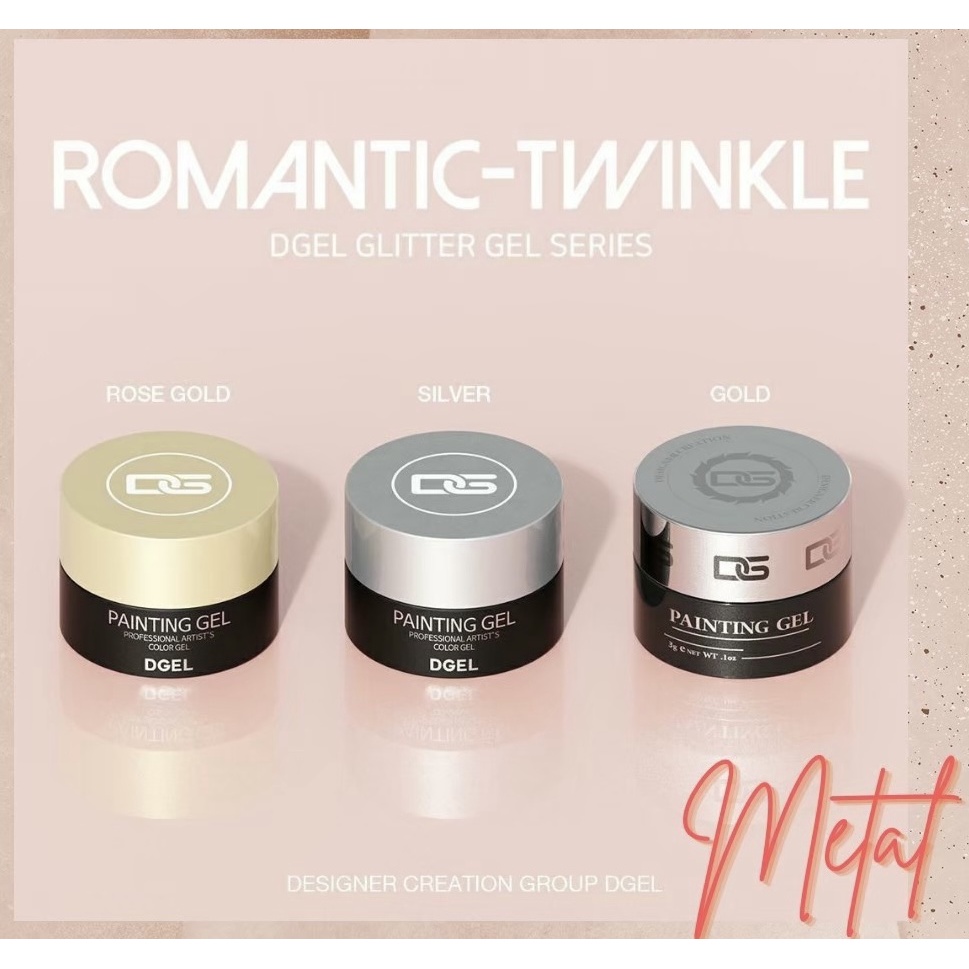 DGEL Romantic Twinkle สีเจลMetallic แบบเซตและแยก กระปุกดำ 3g. 3สี ทอง, เงิน, โรสโกลด์ นำเข้าจากเกาหลี