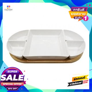 Serving จานเสิร์ฟพอร์ซเลน 5 ใบพร้อมถาดไม้ไผ่ทรงรี Kasse Home รุ่น Yg14-319Dgrbam สีครีมporcelain Serving Plates With Ova