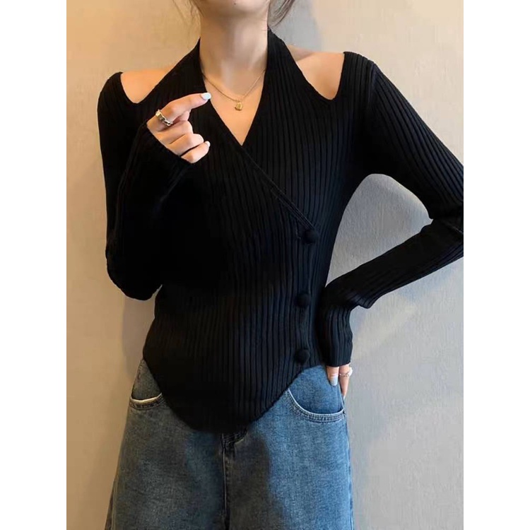 🕶️Knitting long sleeve 🕶️เสื้อไหมพรมแขนยาว แต่งดีเทลคล้องคอ กระดุมหน้าแกะได้TD​608