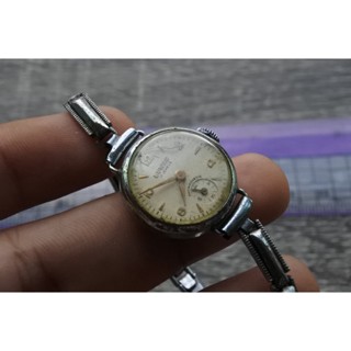 นาฬิกา Vintage มือสองญี่ปุ่น BUWAC 1950s ระบบ ไขลาน ผู้หญิง ทรงกลม กรอบเงิน หน้าปัด 23mm