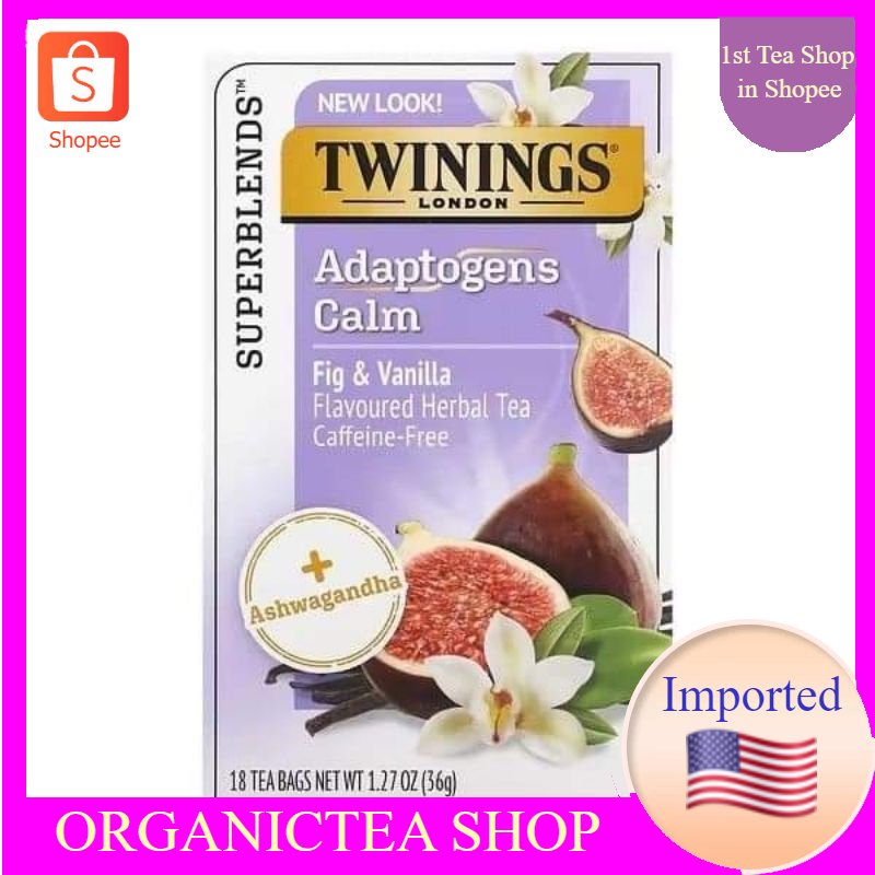 Twinings, Calm, Adaptogens, Fig &amp; Vanilla Flavored Herbal Tea, Caffeine Free,18 Tea Bags