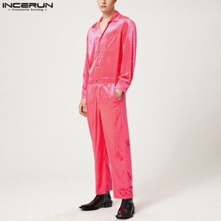 Incerun ชุดจั๊มสูท คอปก แขนยาว ผ้ากํามะหยี่ ติดกระดุม แฟชั่นสําหรับผู้ชาย