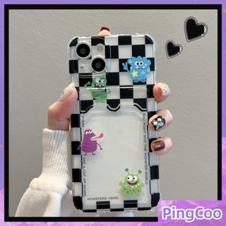 PingCoo - Card Holder Case For iPhone 14 13 12 Pro Max 11 XR TPU Soft Clear Back Cover Cute Cartoon Monsters Checkerboard Camera Protection Shockproof