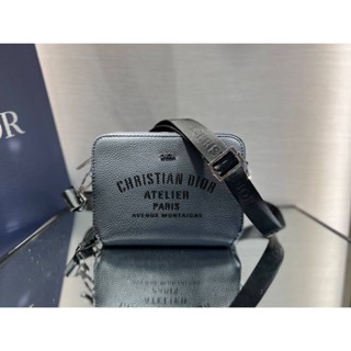 NEW CHRISTIAN DIOR WITH ATELIER SIGNATURE DARK GRAY GRAINED CALFSKIN POUCH WITH SHOULDER STRAP BAG