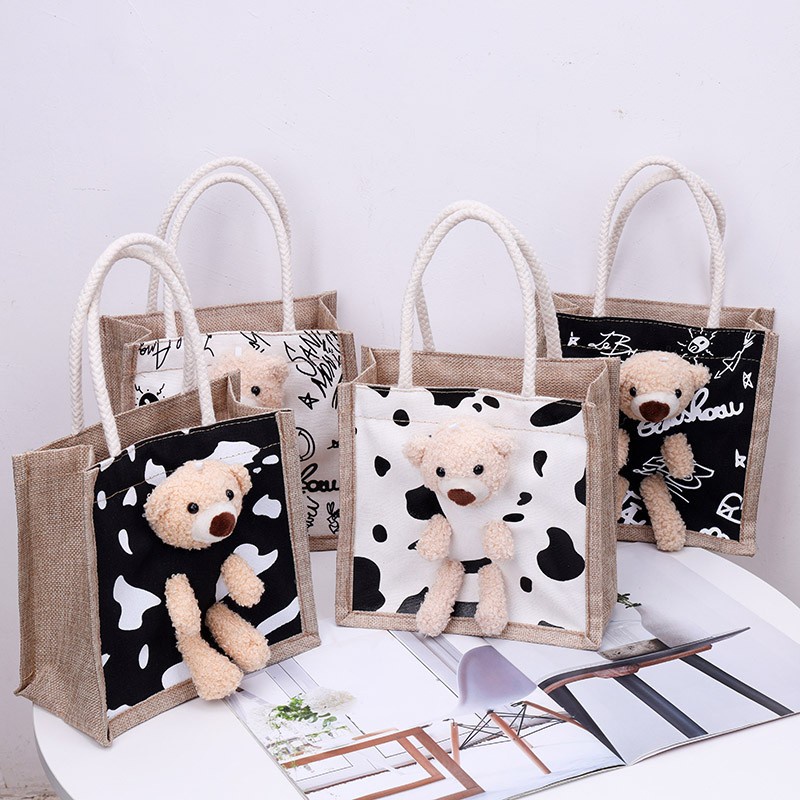 กระเป๋าถือ กระเป๋าผ้า  Tote Bag ถุงผ้า ผ้ากระสอบ ตุ๊กตาหมีน่ารัก Bear GC