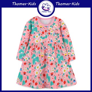 [THOMAS Kids] ชุดเดรสเจ้าหญิง แขนยาว ทรงหลวม ลายดอกไม้ สตรอเบอร์รี่ 2-7 ปี สําหรับเด็กผู้หญิง ขายส่ง