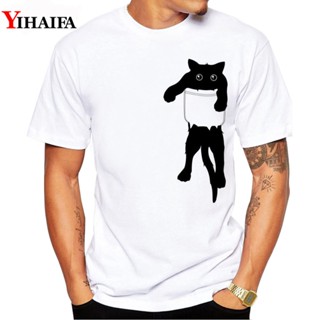 Men T-Shirt Pocket Cat Gym Print Hipster Summer Short Sleeve Funny Graphic Printed Tee Shirts White Tops_07