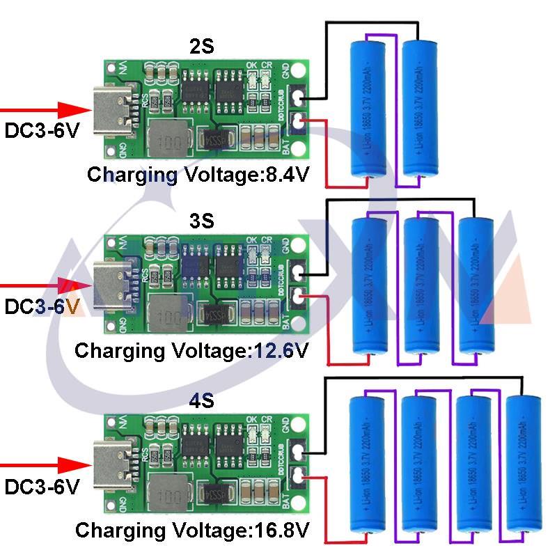อุปกรณ์ชาร์จแบตเตอรี่ลิเธียม โพลิเมอร์ 2S 3S 4S Type-C เป็น 8.4V 12.6V 16.8V 7.4V 11.1V 14.8V 18650