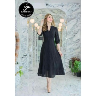 S-6XL Maxi Dress เดรสดำแขนศอกผ้าฉลุลาย งานป้าย Tarm Ha