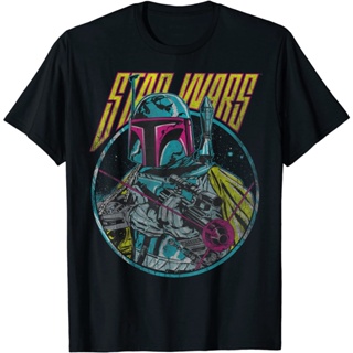 เสื้อยืด พิมพ์ลายกราฟฟิค Star Wars Boba Fett Neon Blaster สไตล์วินเทจ สําหรับผู้ใหญ่_04