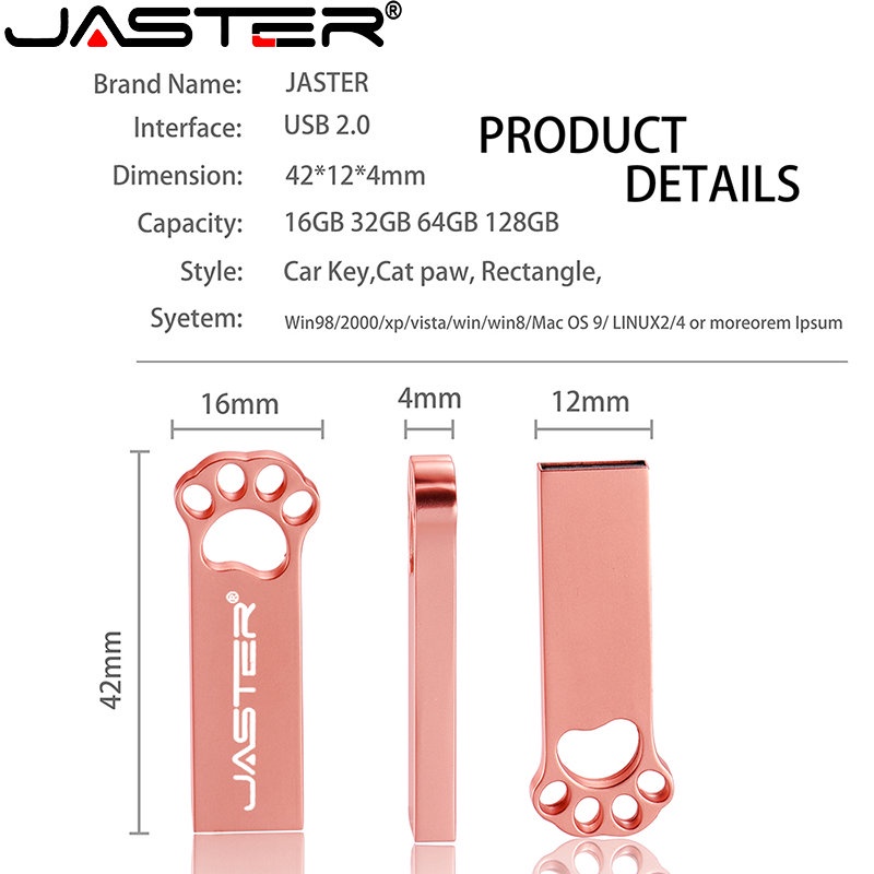 Jaster แฟลชไดรฟ์ USB 2.0 128GB 64GB รูปอุ้งเท้าหมี 32GB 16GB 8GB 4GB