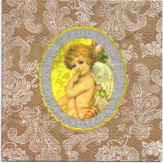 Pladao Napkin ภาพกามเทพ Cupid ในกรอบเงิน พื้นลูกไม้น้ำตาล กระดาษ แนพกิ้น สำหรับงานศิลปะ เดคูพาจ decoupage ขนาด L 33x33