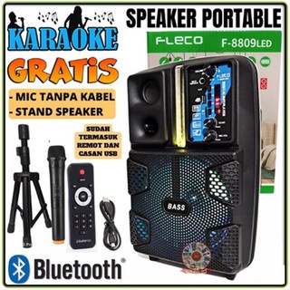 Speaker Bluetooth FLECO X-BASS F-8809LED 8,5 Inchi Free Tripod Dan Microphone Wireless Karaoke Remot Control Salon Aktif Portable Radio Fm