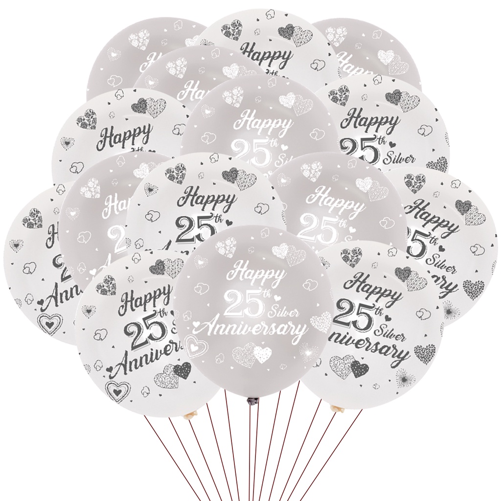 JOLLYBOOM 25th Anniversary ตกแต่ง, Happy 25th Silver Anniversary Party, Silver And White Latex บอลลู