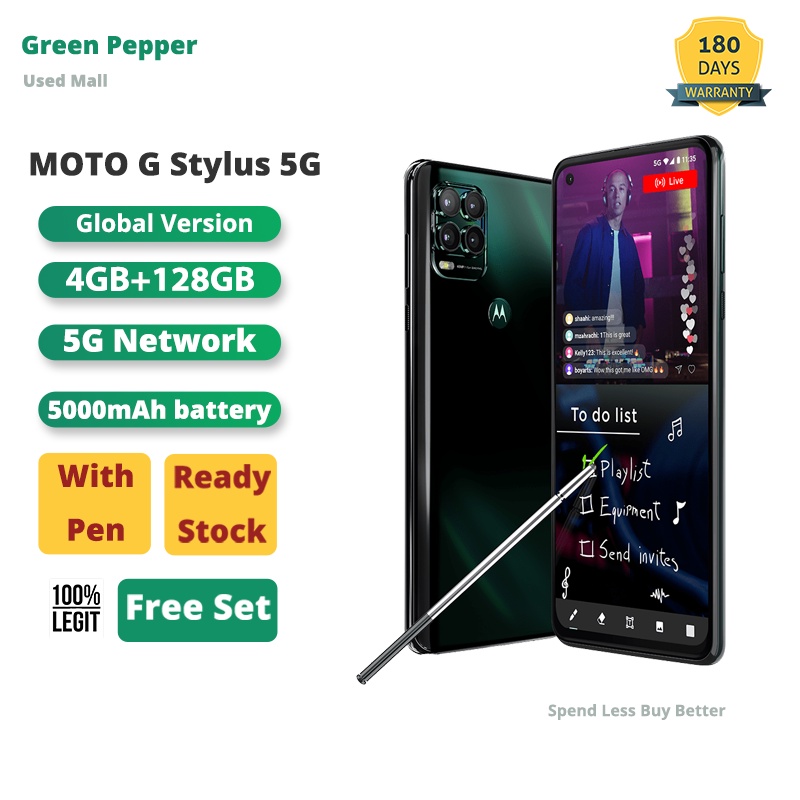 Motorola G Stylus 5G 2021 5000 mAh แบตเตอรี่ 48MP กล้อง SD Card Slot ขยายโทรศัพท์สมาร์ท 99% ใหม่