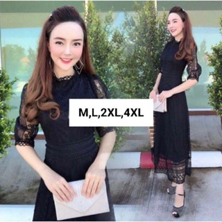 M-4XL Maxi Dress เดรสดำผ้าปักลายแขนสามส่วน งานป้าย love love