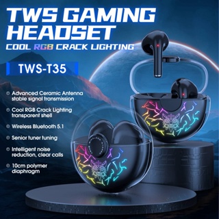 Cod ใหม่ ส่งภายใน 24 ชั่วโมง ของแท้ 100% หูฟังบลูทูธไร้สาย TWS T35 RGB กันน้ํา ลดเสียงรบกวน สําหรับเล่นเกม 2023