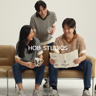 🔥️ทักแชทรับโค้ดลดเพิ่ม Striped Knit Polo Shirt HOB STUDIOS