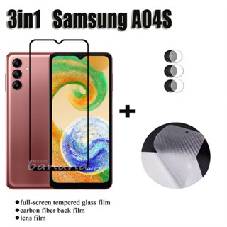 3in1 Samsung A04S ฟิล์มกระจกนิรภัย แบบเต็มจอ สําหรับ Samsung A04S A03S A03 A13 4G A13 5G ฟิล์มหลัง คาร์บอนไฟเบอร์ + ฟิล์มเลนส์กล้อง