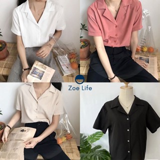 พร้อมส่ง  เสื้อเชิ้ตคอปก  เสื้อเชิ้ตแขนสั้น  ฤดูร้อนสไตล์ใหม่  เกาหลีย้อนยุค  เสื้อชีฟองแขนสั้นผู้หญิง