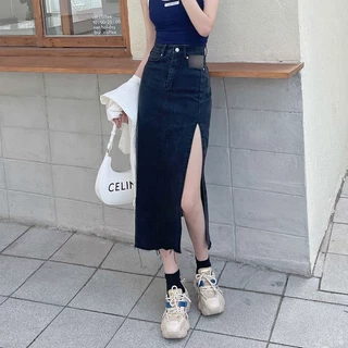 พร้อมส่ง กระโปรงยีนส์ เอวสูงเว้าข้าง กระโปรงยีนยาว ทรงเอ ผ่าข้าง สําหรับผู้หญิง