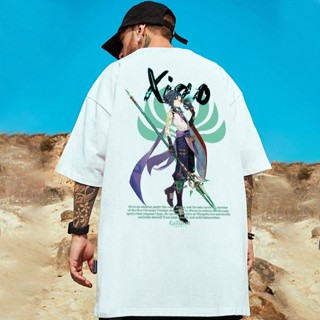 Summer Genshin Impact Xiao Design Printing Casual Fashion Korean Oversized Shirt For Man Black White Short Sleeve T_05