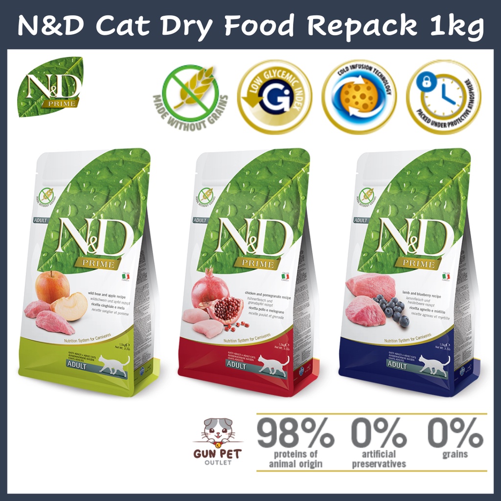 GUN PET N&D Prime Cat อาหารแห้ง Repack 1kg Grain Free Pet Farmina Makan Kucing N & D 宠物 DryGles猫