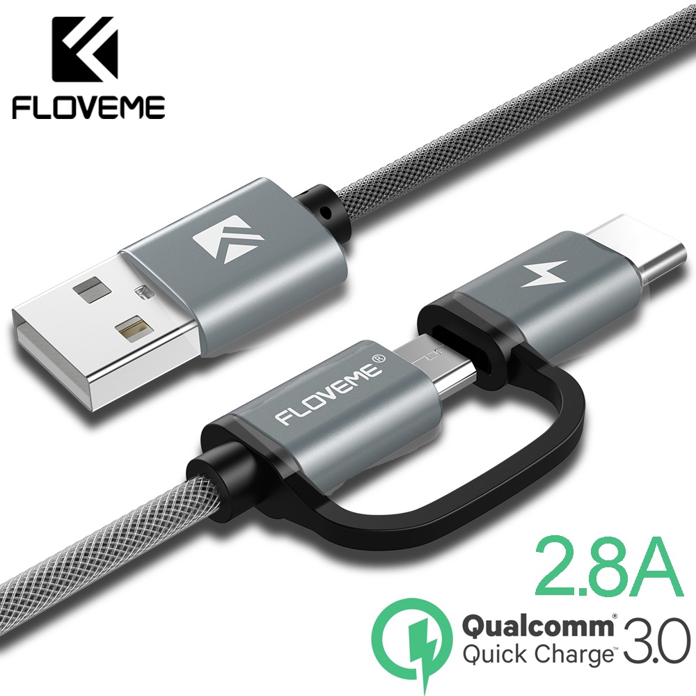 Fast Quick Charging 2in1 สายชาร์จ FLOVEME QC3.0 Micro USB + TypeC 2.8A cassan 100 ซม.D38121