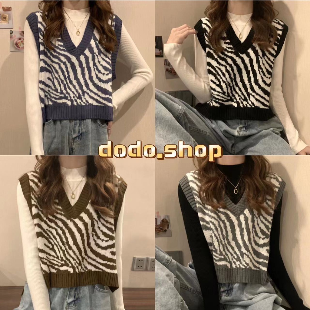 [DODO] | พร้อมส่ง | เสื้อกั๊กไหมพรมแต่งลายม้าลายมีหลายสีให้เลือก（73105）