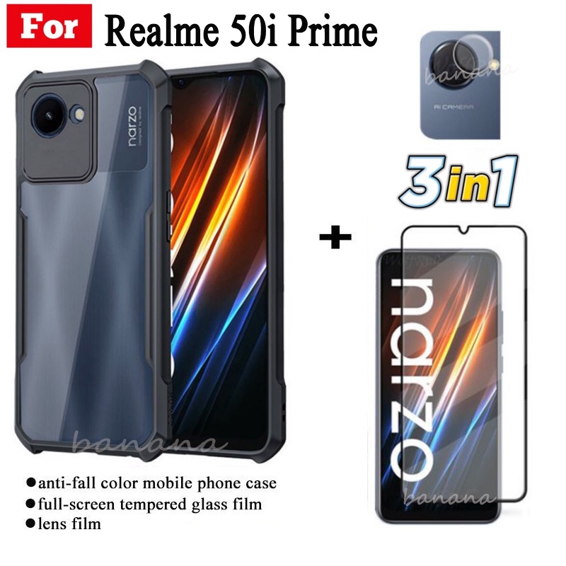 3in1 เคสโทรศัพท์กันกระแทกสําหรับRealme Narzo 50i Prime 50A Primeฟิล์มกระจกนิรภัย+ฟิล์มเลนส์กล้อง