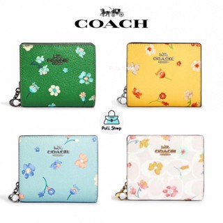 (พร้อมส่ง ฟ้า/เหลือง) กระเป๋าสตางค์ใบสั้น C8703 ลายดอกไม้หวาน Coach Snap Wallet 005