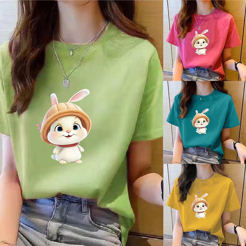 เสื้อยืดคอกลม แขนสั้น พิมพ์ลายการ์ตูน ทรงหลวม สีแดง แฟชั่นเกาหลี สําหรับผู้หญิง