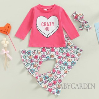 Babygarden- วันวาเลนไทน์ 6 เดือน - 4 ปี ชุดเสื้อผ้าเด็กผู้หญิง เสื้อแขนยาว คอกลม เสื้อยืด + กางเกงขาบาน พิมพ์ลายหัวใจ + ที่คาดผม