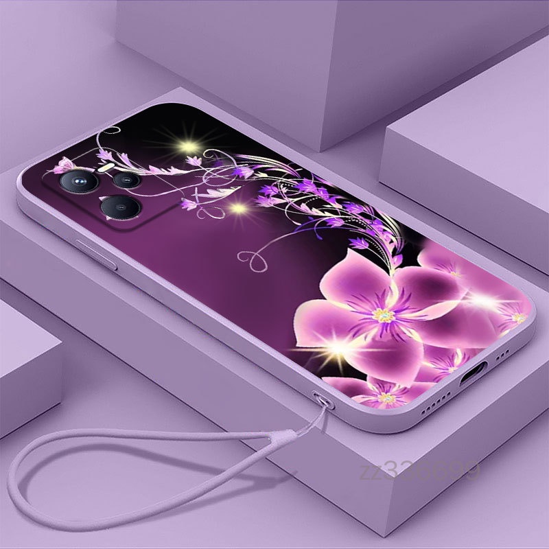 ใหม่ เคสโทรศัพท์มือถือ ซิลิโคน ขอบตรง ลายดอกกุหลาบสีม่วง พร้อมสายคล้อง สําหรับ realme C33 realme C35 Narzo 50A prime realme 9 4G realme 9i 9 Pro 2023